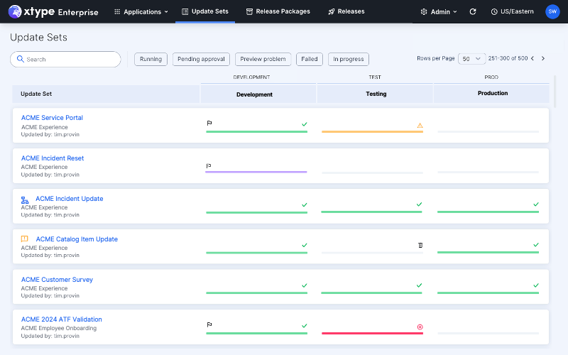 A screenshot of the xtype Enterprise platform showing Multi-Instance Visibility of a ServiceNow deployment