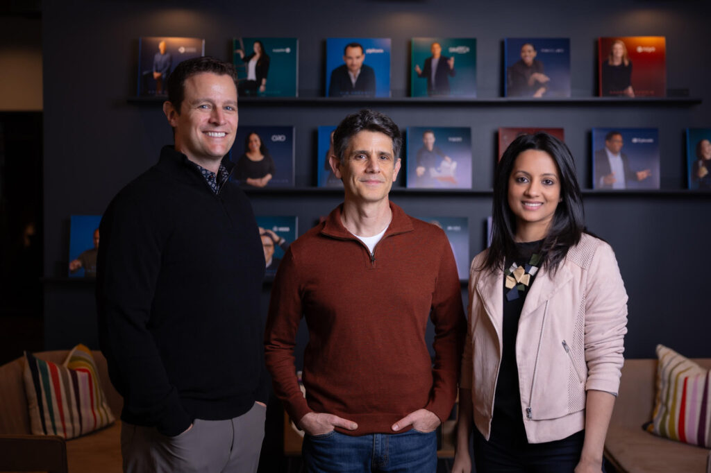 Pinkfish cofounders Charanya "CK" Kannan and Ben Rigdy with Norwest Partner Scott Beechuk